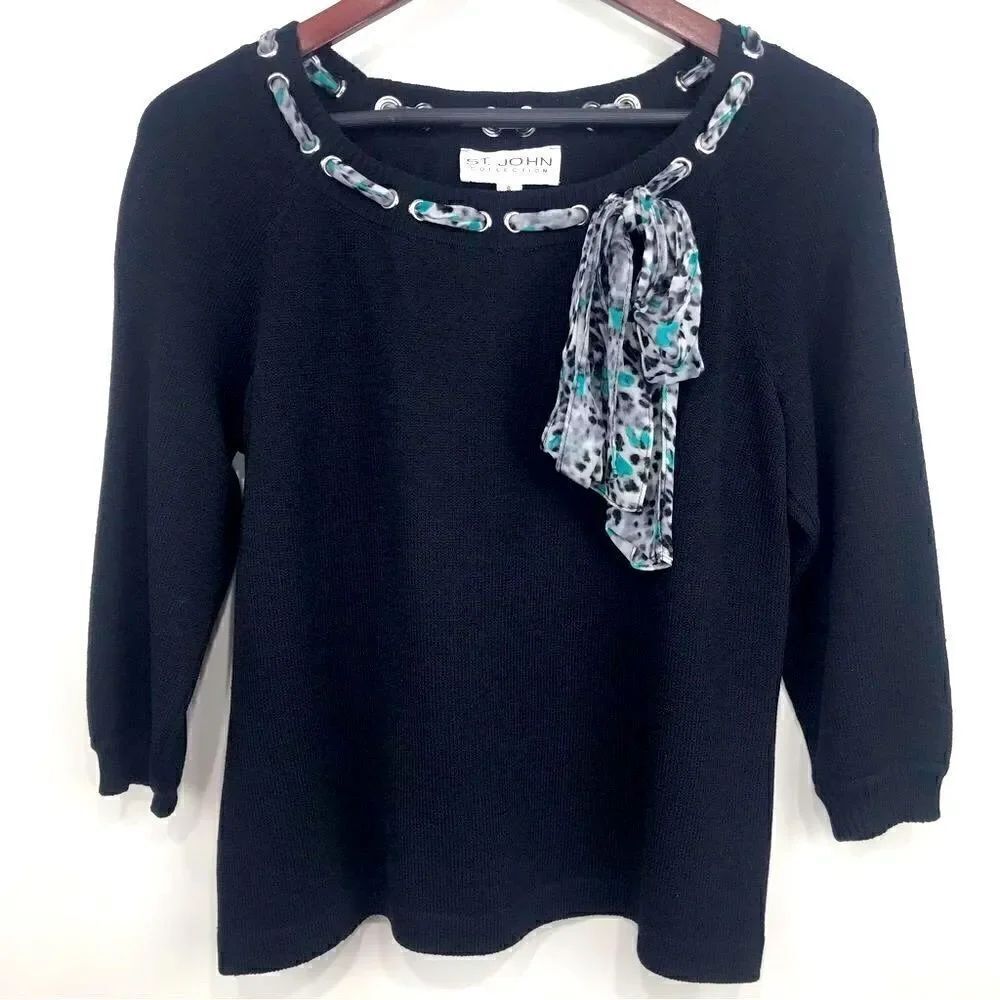 St. John Collection Blue Black Santana Knit Scarf Neck Sweater